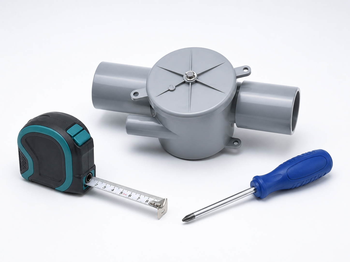 Watertwo diverter with tape measure and screwdriver ready for installation